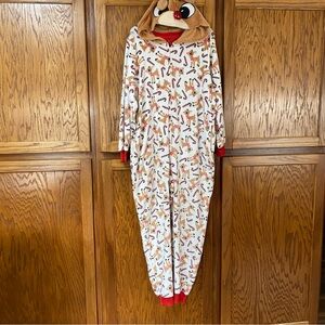 Adult 2XL Festive Rudolph Reindeer Hooded Onesie Christmas Pajamas